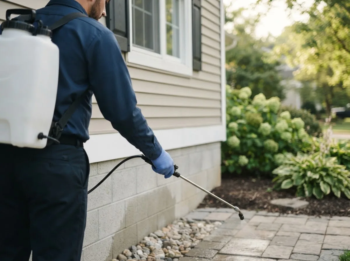 Pest control technician inspecting a home in Mccall Creek, MS